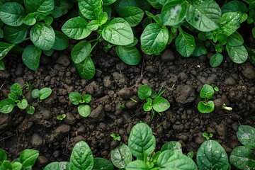 Obraz premium Fresh green spinach seedlings growing in dark fertile soil with water droplets. Young plants sprouting from rich earth in vegetable garden. Organic farming and food production, copy space, top view