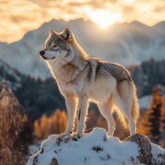 Obraz premium Majestic Wolf in Sunset