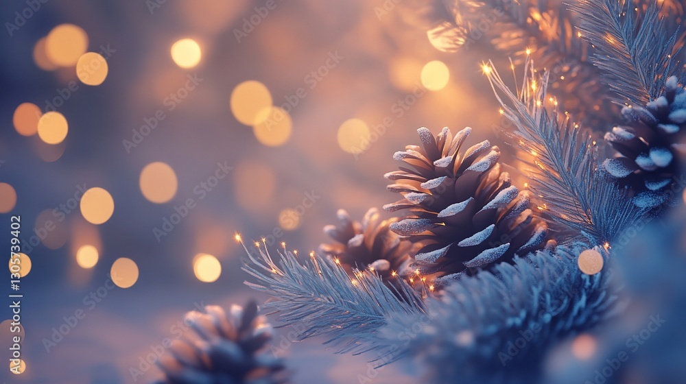 Poster snowy pine cones on branches with warm bokeh lights.