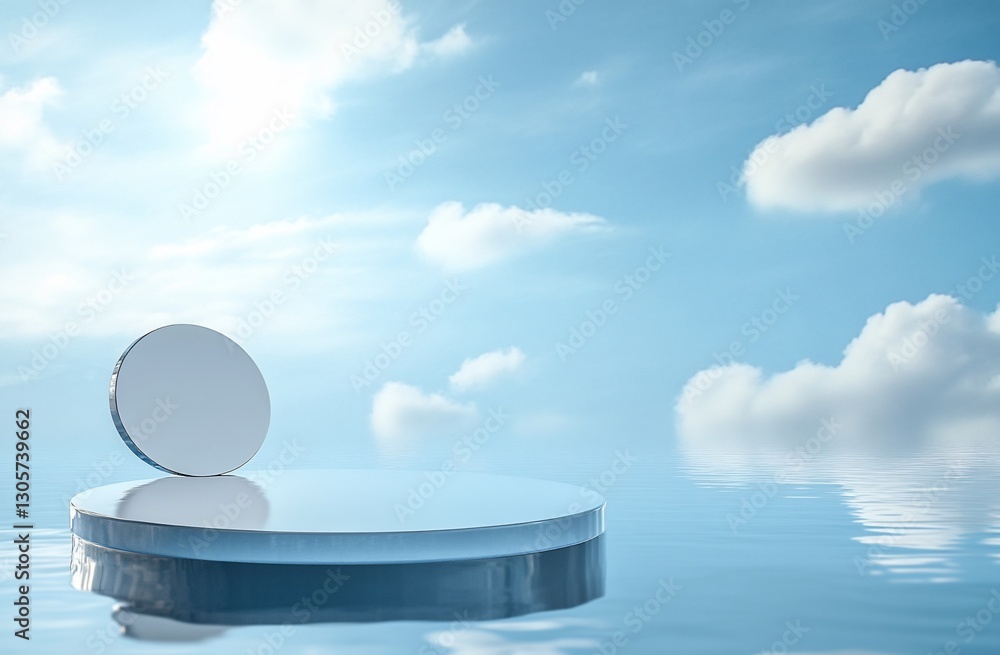 Poster minimalist floating platform scene with a circle element, reflecting on calm water under a bright sk