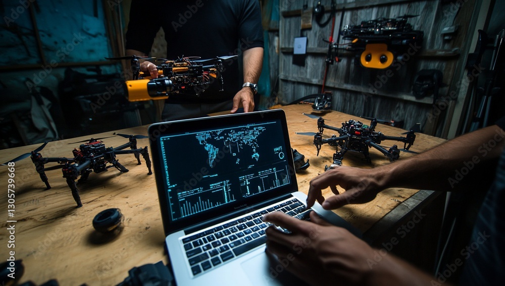 Aufkleber two engineers work on drones and a laptop showing a world map, inside a workshop.