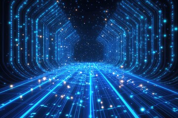 Digital tunnel, glowing blue lines, data flow