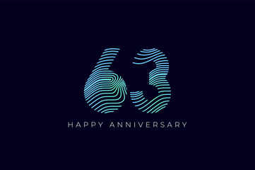 Numeric Design with Line Curve 63th, 63th Happy Anniversary with Gradient Colorful Line wave. Tech, futuristic and science concept