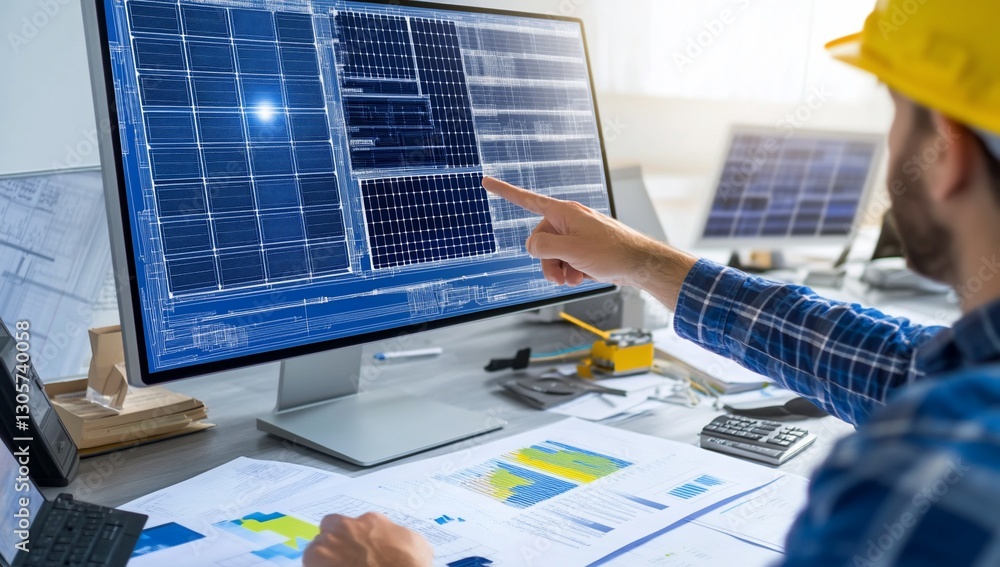 Poster engineer reviewing solar panel blueprint on computer screen.