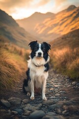 A Border Collie sits on a mountain trail at sunset.