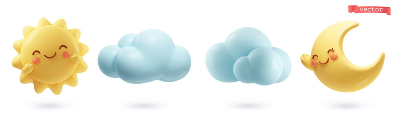 Sun, crescent moon, clouds. 3d cartoon vector icon set