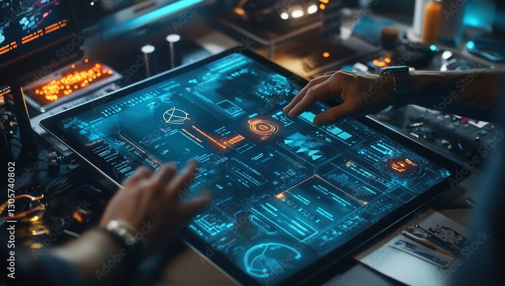 Poster two hands interact with a futuristic tablet displaying holographic data.