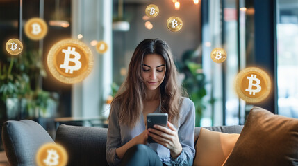 Smiling young woman using her smartphone with glowing bitcoin icons floating around in a stylish café.