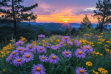 Vibrant sunset over mountain range with wildflowers in foreground.