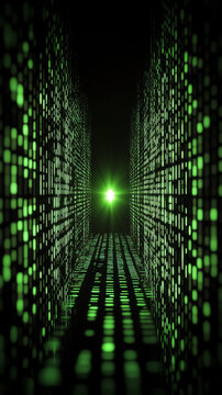 A futuristic digital corridor illuminated by a bright green light, showcasing binary code patterns