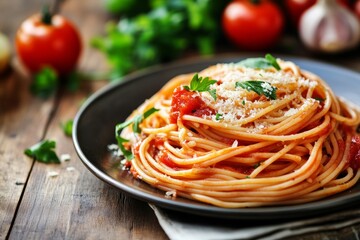 Classic spaghetti pasta with rich tomato sauce and grated parmesan cheese for a delicious meal