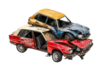 Dramatic car crash scene urban environment of wrecked vehicles industrial area aerial view destruction concept isolated on transparent background