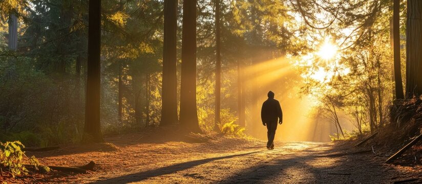 A lone figure walking through a forest bathed in the golden light of dawn or dusk - Powered by Adobe
