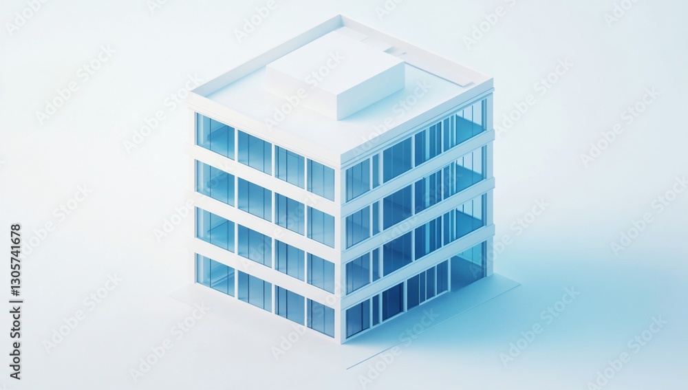 Poster isometric view of a minimalist white building with multiple floors and large windows, set against a 