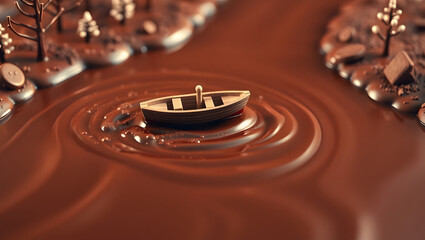 a small boat floating in a river of chocolate, surrounded by miniature trees. The scene is whimsical and inviting