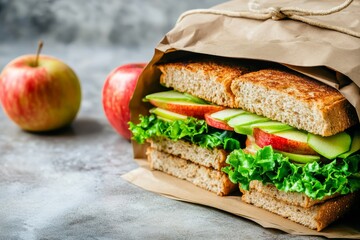 Nutritious sandwiches with apples and lettuce packed in a brown bag against an urban backdrop