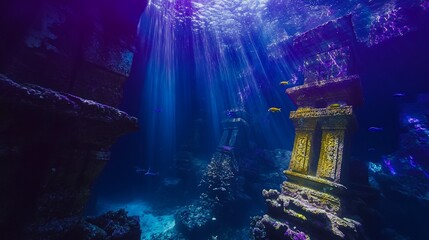 Sunbeams illuminate submerged ancient ruins, coral, and fish in a deep blue ocean.