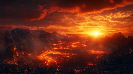 Fototapeta premium Fiery volcanic landscape at sunset, glowing lava flows and dramatic cloudscape.
