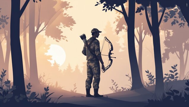 Hunter in the Misty Forest: A Camouflaged Archer with Bow and Arrows Amidst Trees and Foggy Lan - Powered by Adobe