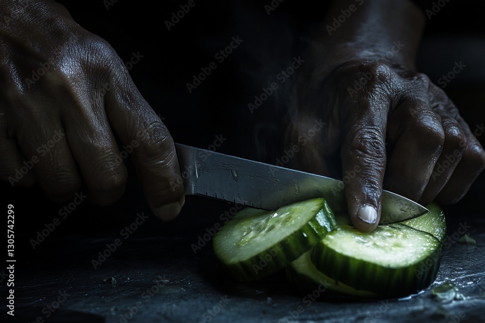 Poster close-up of hands slicing fresh cucumber on dark surface.