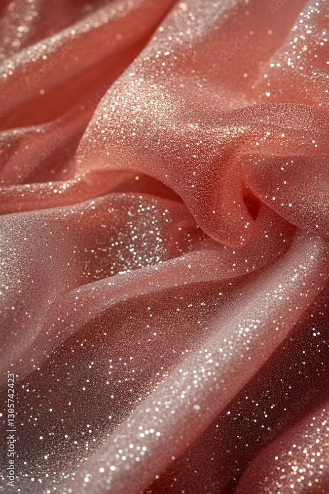 Poster close-up of shimmering peach fabric with subtle light and shadow, showing texture and folds.