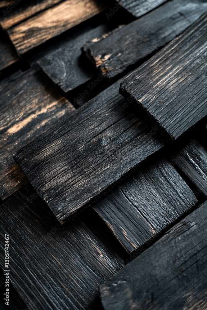 Poster close-up of dark, charred wood planks arranged in an overlapping pattern, showing texture and grain.