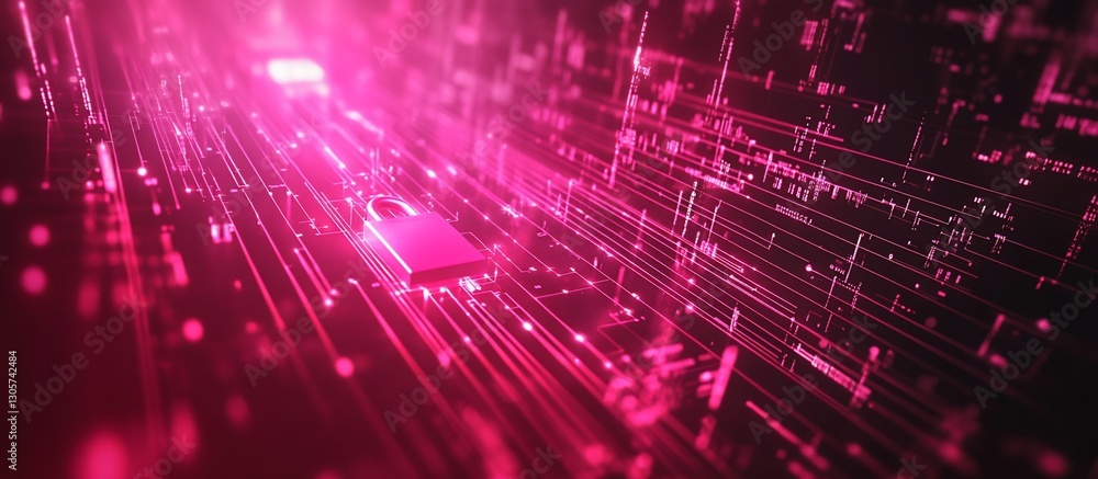 Aufkleber abstract digital pink data stream with glowing padlock, representing cybersecurity and data protecti