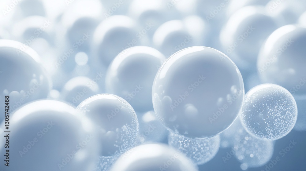 Poster abstract background of many light blue spheres, glossy and shiny, with subtle texture and depth of f