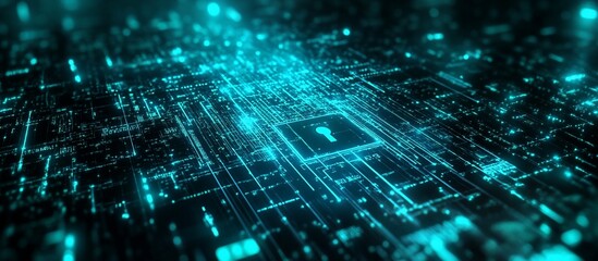 Abstract digital keyhole glowing in a futuristic circuit board.