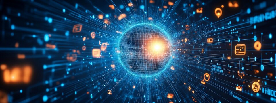Abstract digital data sphere with glowing lines and icons, representing global network connectivity and information flow.