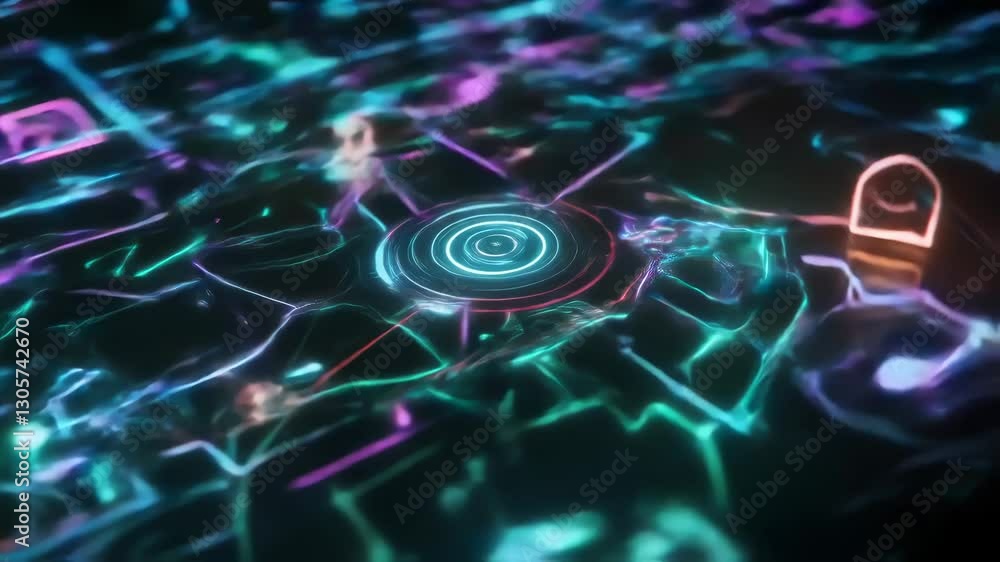 Poster a closeup view of a holographic map that visualizes a smart thermostat security cameras and lighting
