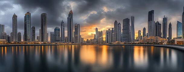 Fototapeta premium Dramatic sunset cityscape reflected in calm waters; modern skyscrapers.