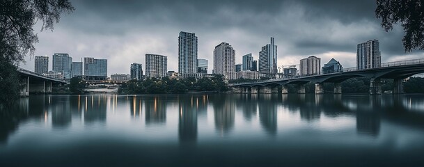 Naklejka premium City skyline reflected in calm water under a cloudy sky.