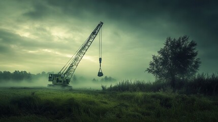 Crane landing in open field with mist rising, soft ambient light, muted green and gray tones, and serene ethereal atmosphere, wide-angle shot.