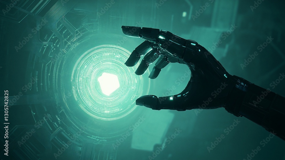 Poster robotic hand interacting with glowing orb in futuristic technological setting.