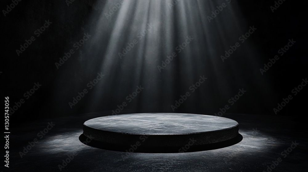Poster dark stage with spotlight illuminating empty circular platform.
