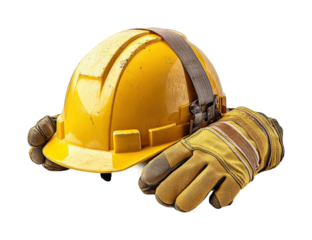 Construction safety equipment hard hat and gloves industrial site product controlled environment safety awareness isolated on transparent background