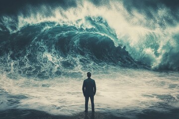 A brave individual faces a massive storm wave  an abstract representation of challenge and courage