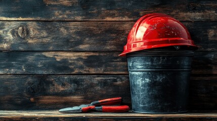 A safety helmet and tools sit in a black container on a wooden surface, perfect for industrial and construction settings.
