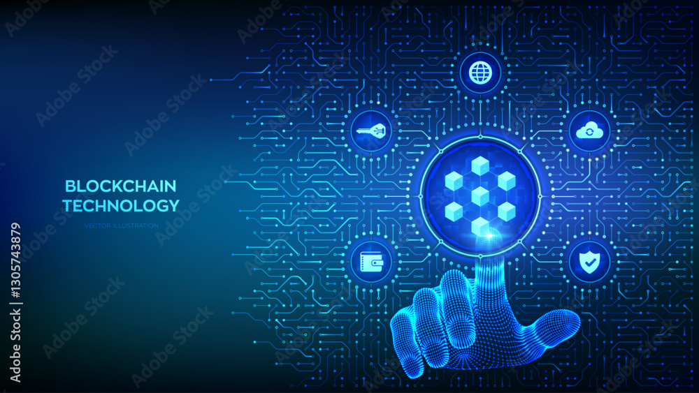 Poster blockchain technology. decentralized network. fintech cryptocurrency. information blocks. background