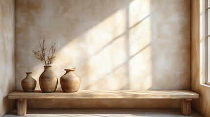 A serene minimalist interior featuring three earthenware vases on a light wood bench, ideal for home decor, interior design projects, or lifestyle magazines.