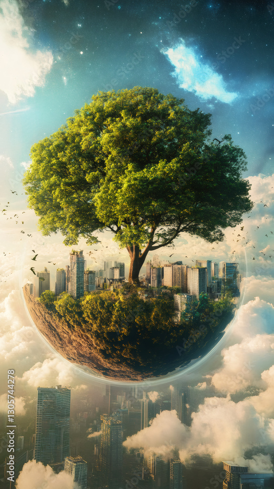 Poster green tree sprouting on miniature planet, hovering over futuristic cityscape with soaring birds, rep