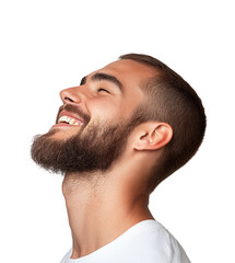 Obraz premium Joyful young man laughing portrait bright side view happiness concept isolated on transparent background