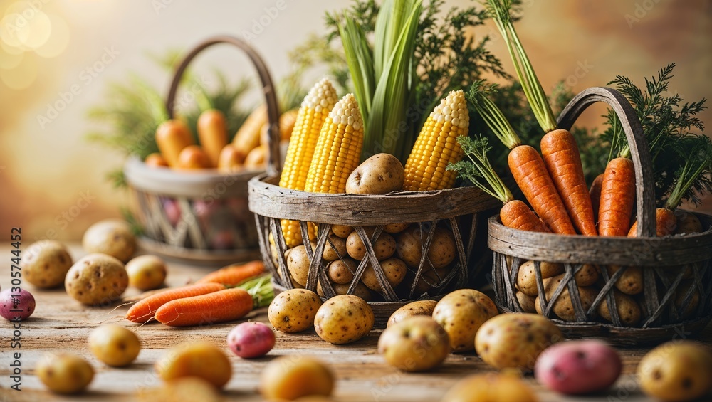 Poster freshly harvested vegetables displayed in rustic baskets on wooden table in a warm, inviting setting