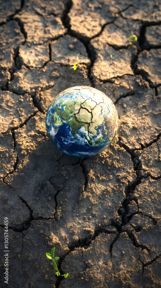 Poster parched ground encasing fragile planetary sphere, withering vegetation signaling global warming's de