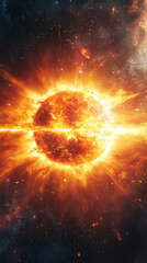 A mesmerizing holographic solar flare ignites a cosmic fireworks display, symbolizing energy, transformation, and the beauty of the universe in a modern, awe-inspiring celestial phenomenon