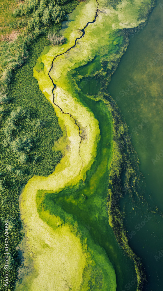 Poster Drone shot of an algae bloom forming abstract patterns in a river next to vegetation, creating a beautiful natural abstract art