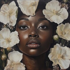 Serene Portrait of a Black Woman Adorned with White Flowers