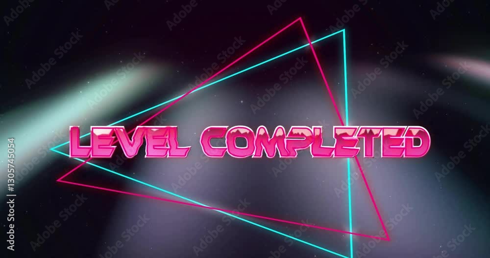 Poster neon-colored animation text level completed over geometric shapes on dark background