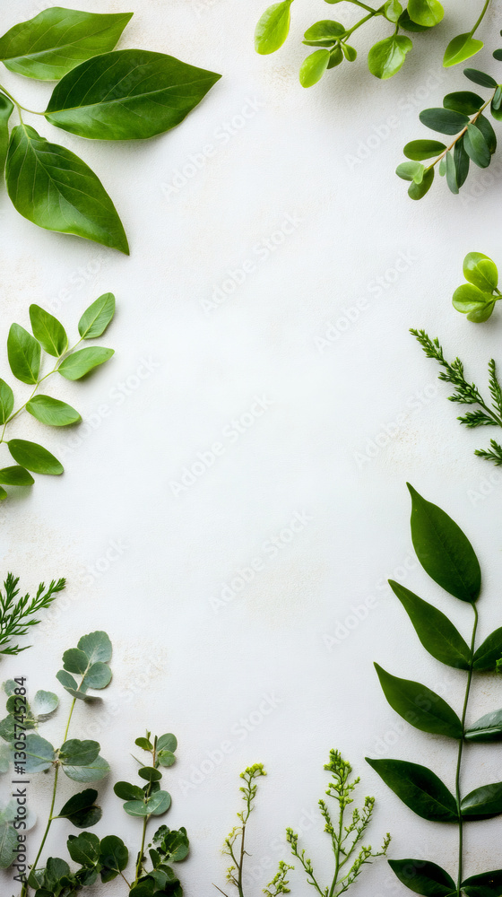 Poster variety of fresh green leaves making a frame on a white textured background, creating copy space in 